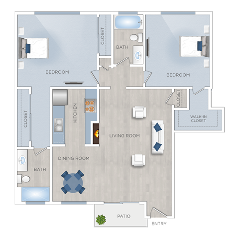 Floor plan for 2 beds, 2 baths